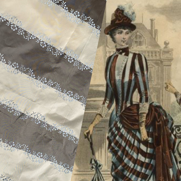 NEW Lady Kristen Designer 100% Silk Taffeta Embroidered Stripe Floral Fabric- Ice Blue & Warm Grey - Fancy Styles Fabric Pierre Frey Lee Jofa Brunschwig & Fils
