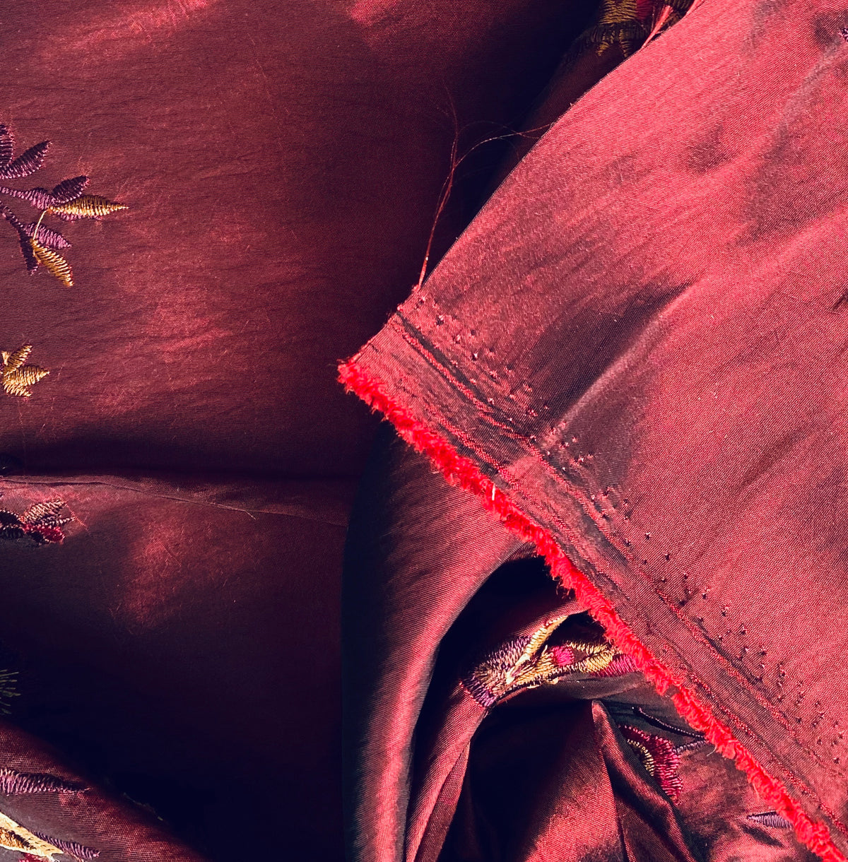 NEW! Duchess Aurora Red with Black Iridescence Faux Silk Embroidered Fabric - Fancy Styles Fabric Pierre Frey Lee Jofa Brunschwig & Fils