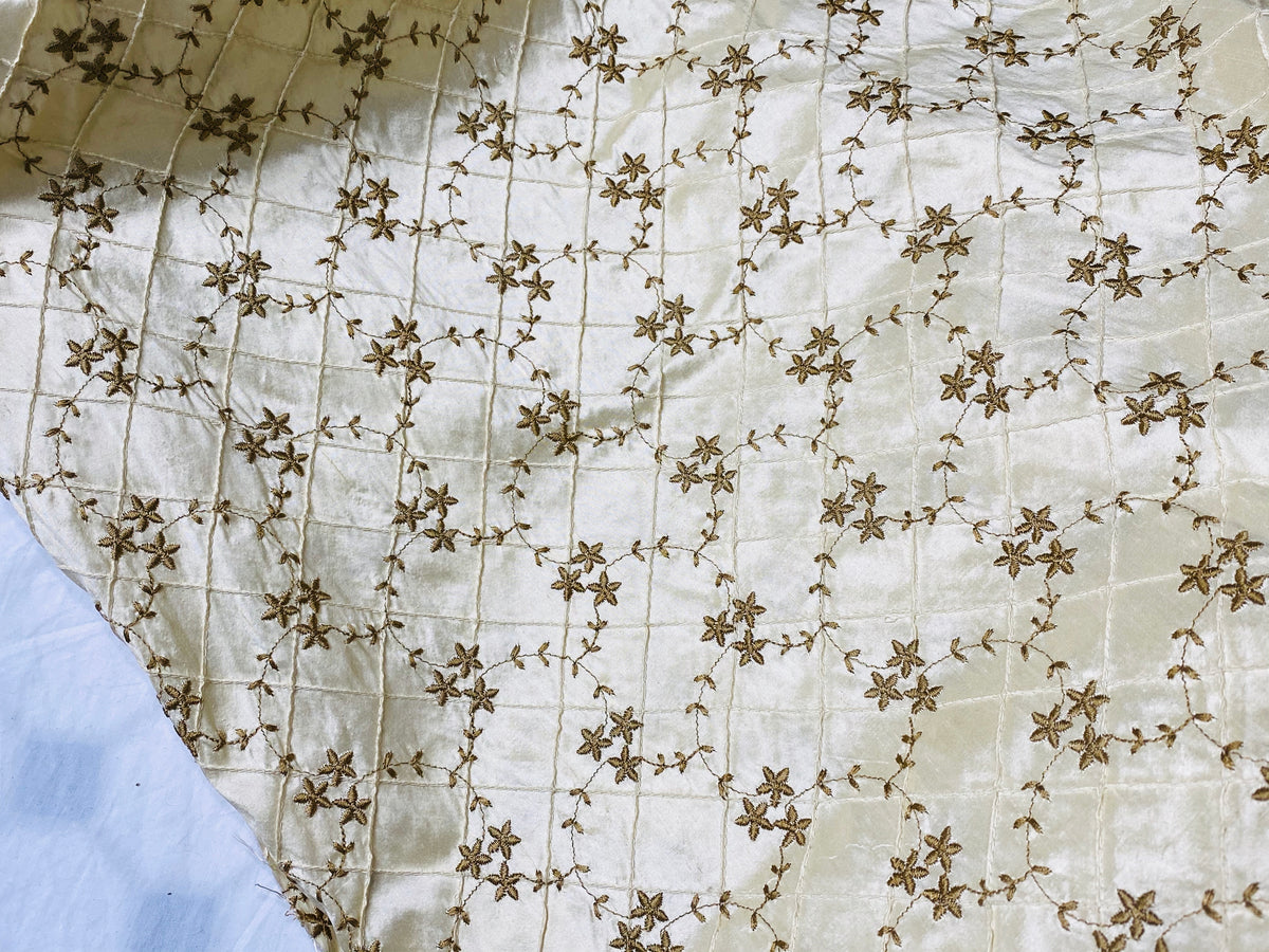 Queen Elisabeth 100% Silk Dupioni Embroidered Quilted Floral Fabric- Ivory - Fancy Styles Fabric Pierre Frey Lee Jofa Brunschwig & Fils