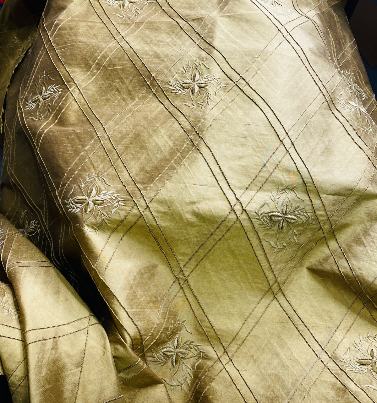 NEW! SALE! Miss Kiley 100% Silk Dupioni Diamond Fabric - Velvet Floral Embroidered Gold - Fancy Styles Fabric Pierre Frey Lee Jofa Brunschwig & Fils