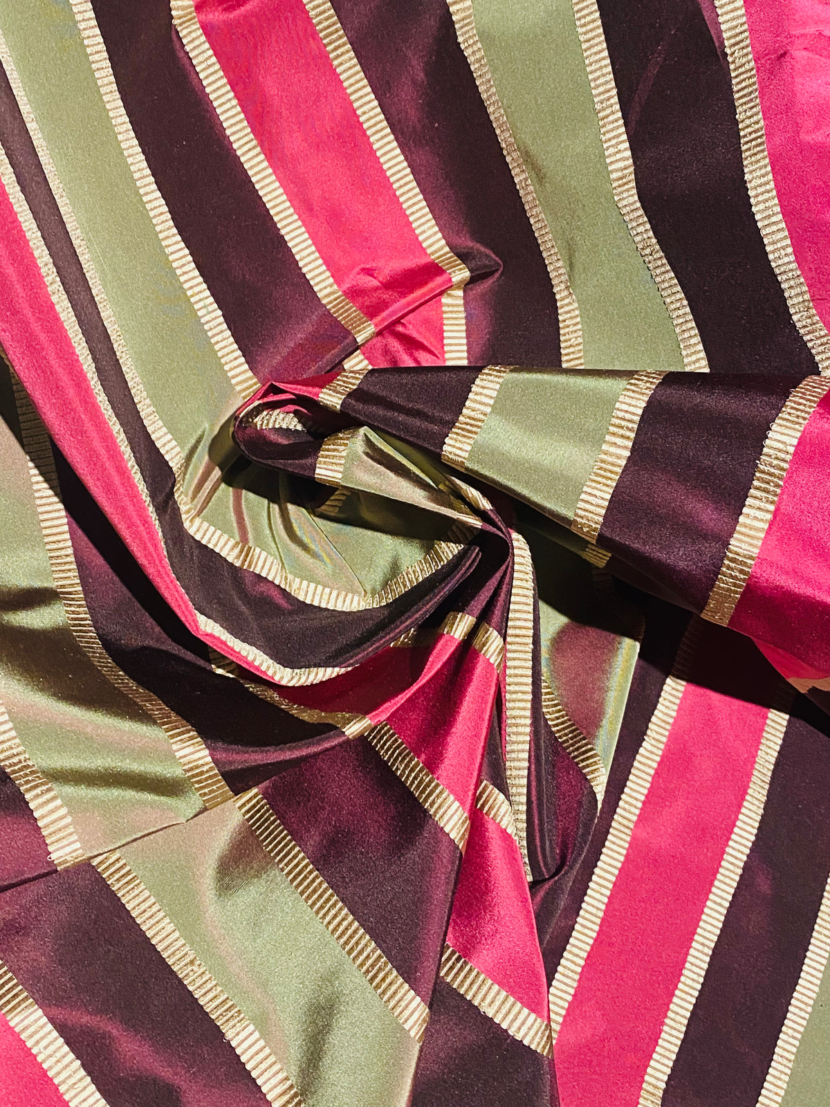 NEW Lady Marandem 100% Silk Taffeta Purple, Pink, Green Gold Satin Ribbon Stripe Fabric SB_8_40 - Fancy Styles Fabric Pierre Frey Lee Jofa Brunschwig & Fils