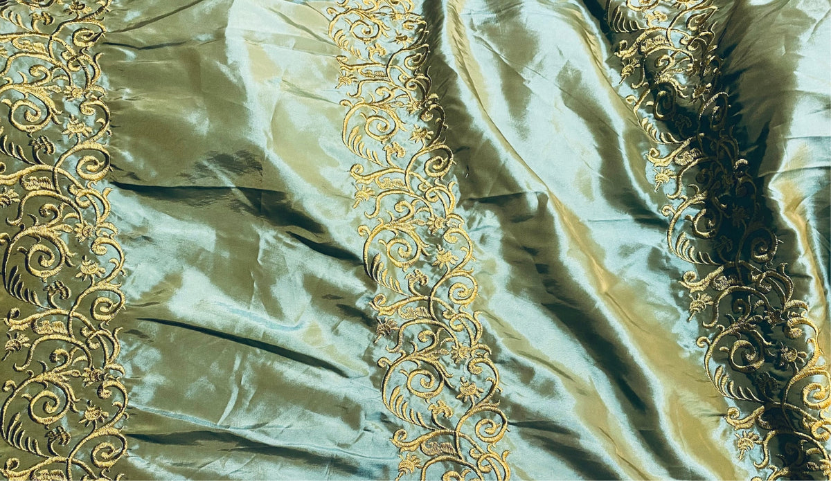NEW Lady Linda Teal “Faux Silk”Embroidered Fabric in Teal and Gold - Fancy Styles Fabric Pierre Frey Lee Jofa Brunschwig & Fils