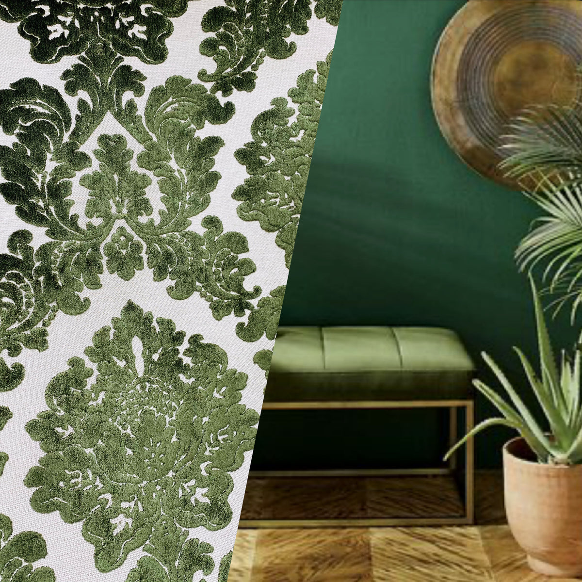 NEW! Duke Gabriel Designer Damask Burnout Chenille Velvet Fabric - Olive Green - Fancy Styles Fabric Pierre Frey Lee Jofa Brunschwig & Fils