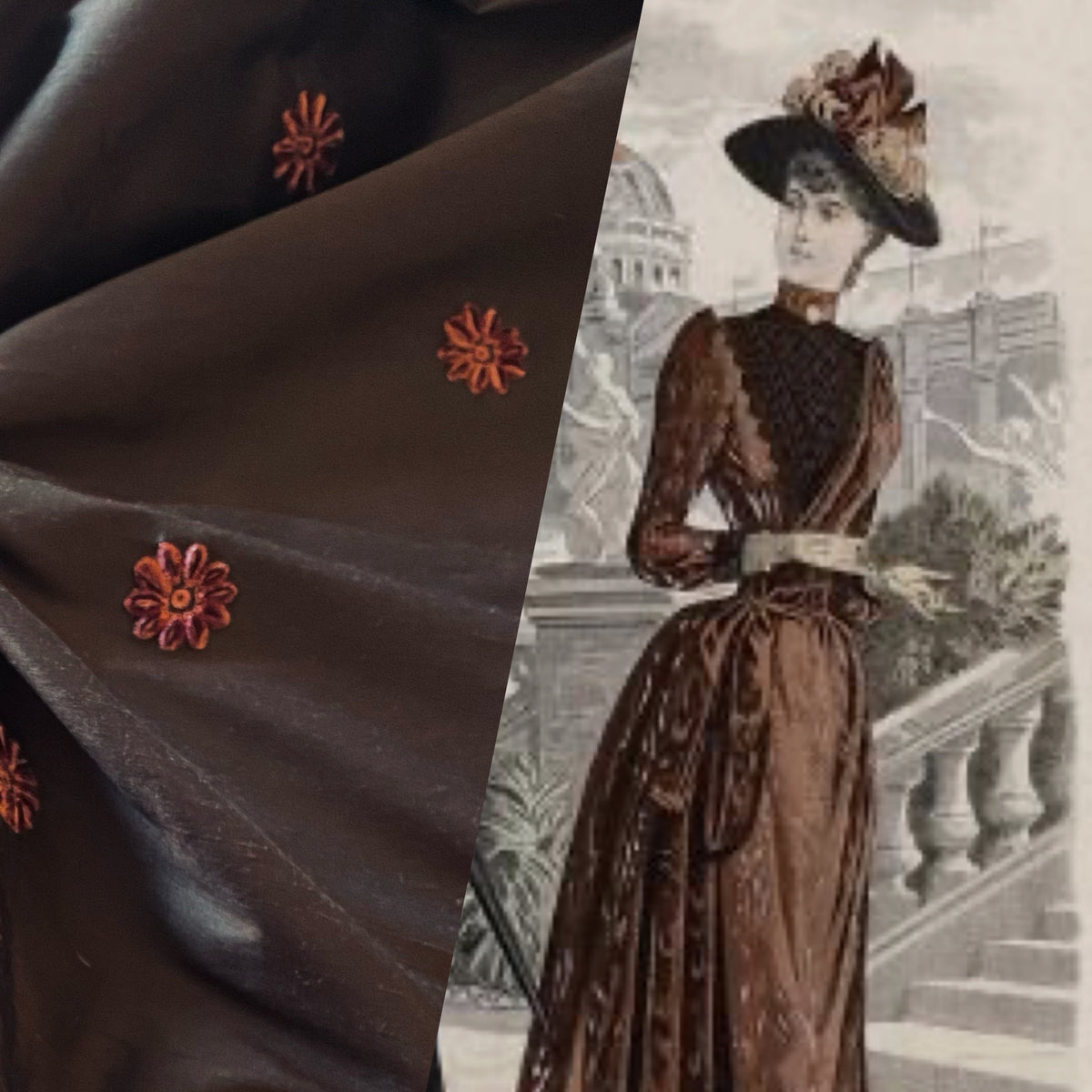 NEW! Lady Margaret- 100% Silk Dupioni with Coral Velvet Flowers Fabric - Chocolate Brown SB_3_17 - Fancy Styles Fabric Pierre Frey Lee Jofa Brunschwig & Fils