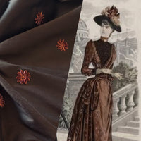 NEW! Lady Margaret- 100% Silk Dupioni with Coral Velvet Flowers Fabric - Chocolate Brown SB_3_17 - Fancy Styles Fabric Pierre Frey Lee Jofa Brunschwig & Fils