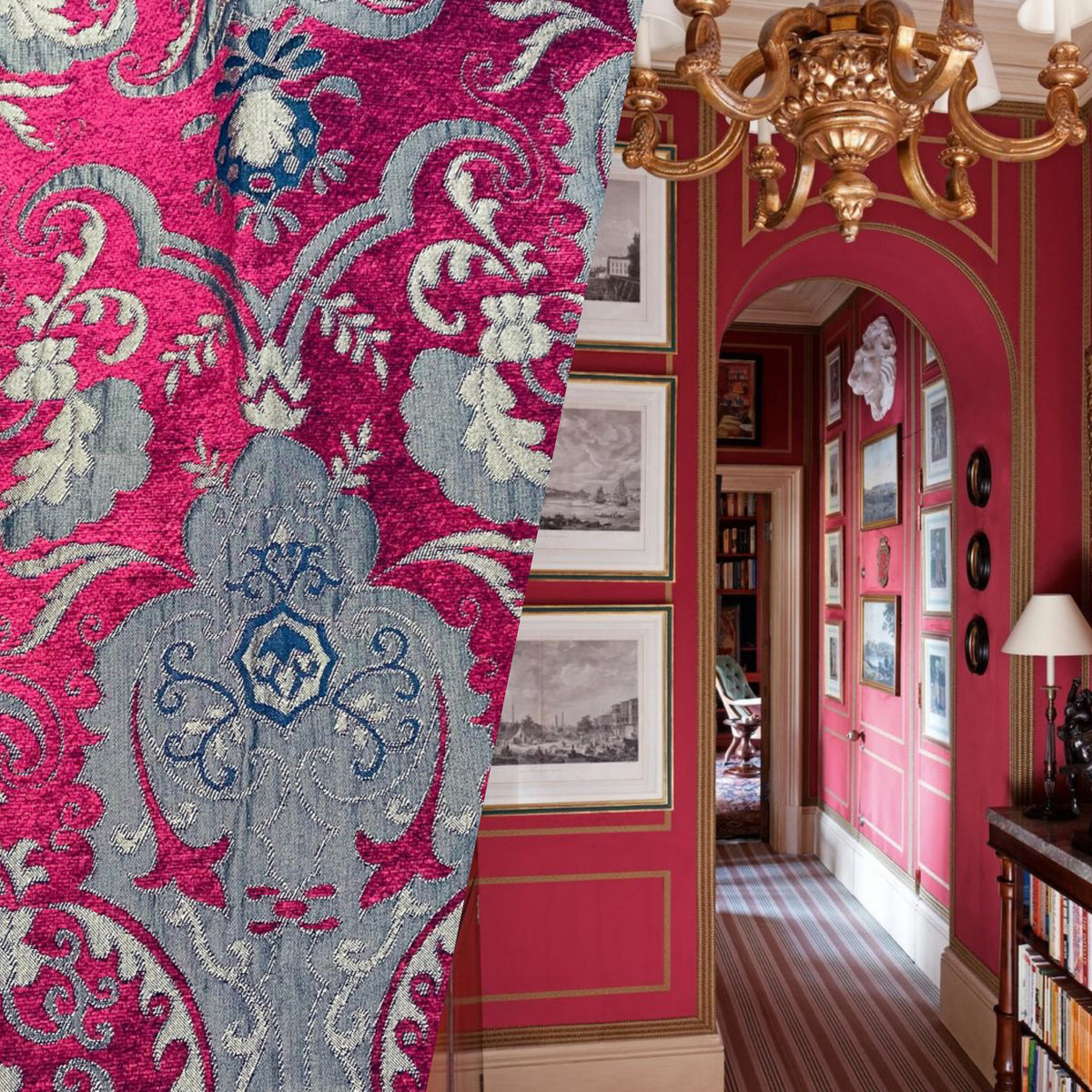 Lady Emile Designer Medallion Burnout Chenille Velvet Fabric - Red & Gold BTY - Fancy Styles Fabric Pierre Frey Lee Jofa Brunschwig & Fils
