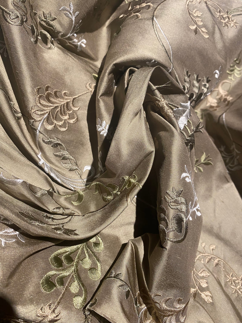 NEW Lady Astro 100% Silk Dupioni Embroidered Fabric - Grey SB_3_13