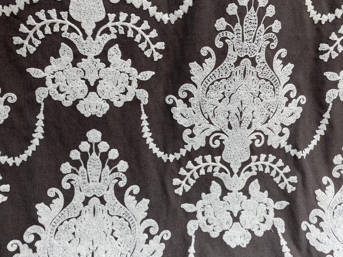 NEW! Lady Lila Novelty Crewel Embroidered Fabric Dark Grey and White - Fancy Styles Fabric Pierre Frey Lee Jofa Brunschwig & Fils