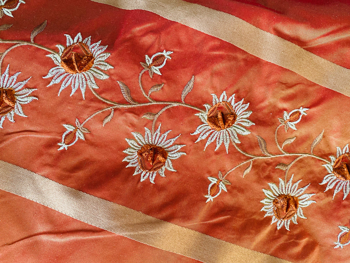NEW Duchess Getty 100% Silk Taffeta Embroidered Scroll Stripe Floral Motif Cream Red with Gold Iridescence - Fancy Styles Fabric Pierre Frey Lee Jofa Brunschwig & Fils