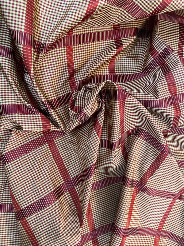 NEW! Miss Jaqueline Designer 100% Silk Taffeta Gingham Ribbon Stripes Plaid Fabric -Dark Red Beige SB_6_33 - Fancy Styles Fabric Pierre Frey Lee Jofa Brunschwig & Fils