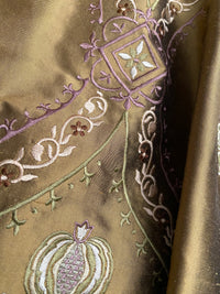 NEW! Queen Riviera Novelty 100% Silk Dupioni Embroidered Floral Fabric - Old Gold with Lavender Embroidery - Fancy Styles Fabric Pierre Frey Lee Jofa Brunschwig & Fils