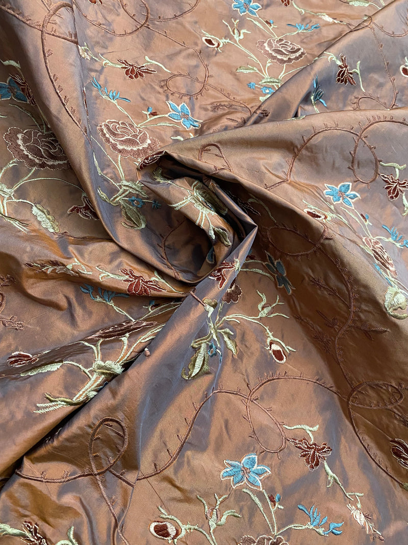 Fat Quarter: Queen Dragonia Novelty 100% Silk Dupioni Embroidered Floral Fabric - Copper Blue Iridescence