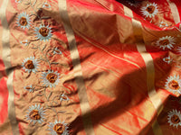 NEW Duchess Getty 100% Silk Taffeta Embroidered Scroll Stripe Floral Motif Cream Red with Gold Iridescence - Fancy Styles Fabric Pierre Frey Lee Jofa Brunschwig & Fils