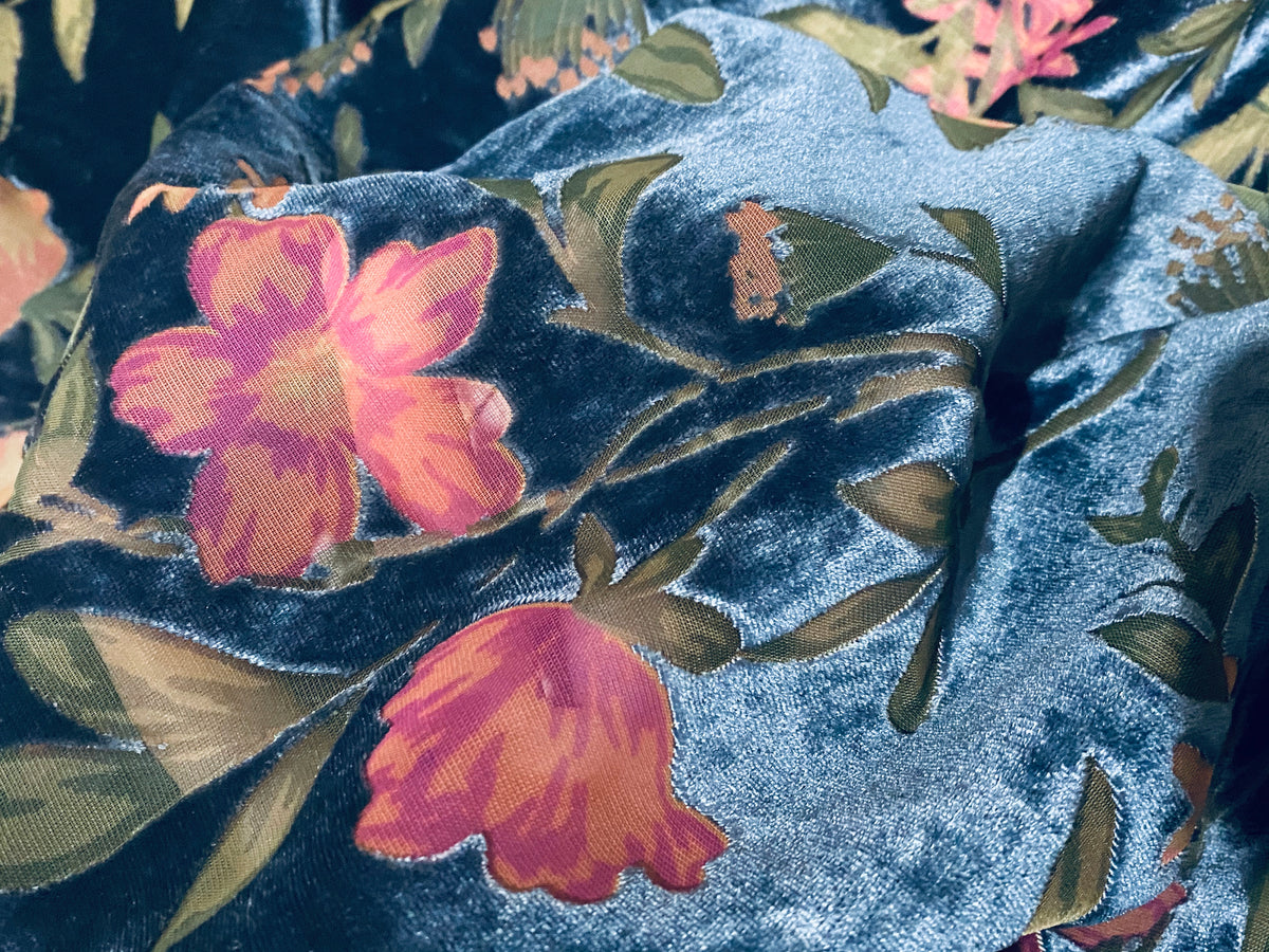 NEW! Miss Melanie Designer Rayon Burnout Velvet Floral Fabric - Dark Peacock Blue - Fancy Styles Fabric Pierre Frey Lee Jofa Brunschwig & Fils