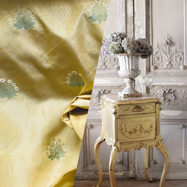 NEW Lady York Novelty Medallion Embroidered 100% Silk Fabric in French Yellow - Fancy Styles Fabric Pierre Frey Lee Jofa Brunschwig & Fils