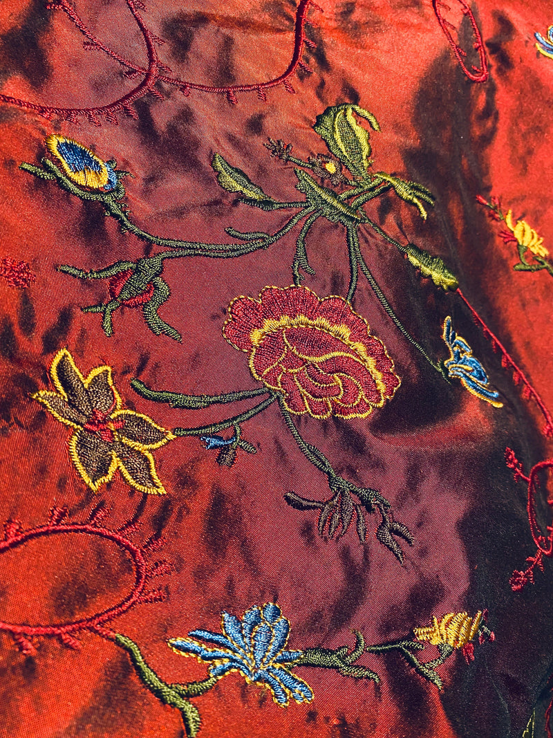Sale! From $198- Queen Dragonia Novelty 100% Silk Dupioni Embroidered Floral Fabric - Red