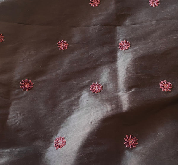 NEW! Lady Margaret- 100% Silk Dupioni with Coral Velvet Flowers Fabric - Chocolate Brown SB_3_17 - Fancy Styles Fabric Pierre Frey Lee Jofa Brunschwig & Fils
