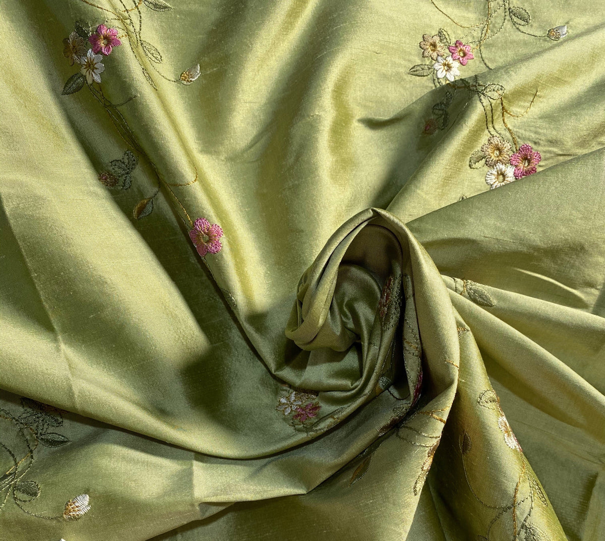 NEW Duchess Rowena Designer 100% Silk Dupioni - Pistachio Green with Floral Embroidery Vines - Fancy Styles Fabric Pierre Frey Lee Jofa Brunschwig & Fils
