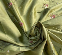 NEW Duchess Rowena Designer 100% Silk Dupioni - Pistachio Green with Floral Embroidery Vines - Fancy Styles Fabric Pierre Frey Lee Jofa Brunschwig & Fils