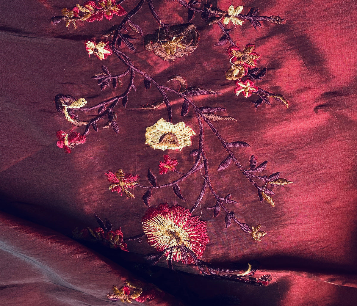 NEW! Duchess Aurora Red with Black Iridescence Faux Silk Embroidered Fabric - Fancy Styles Fabric Pierre Frey Lee Jofa Brunschwig & Fils