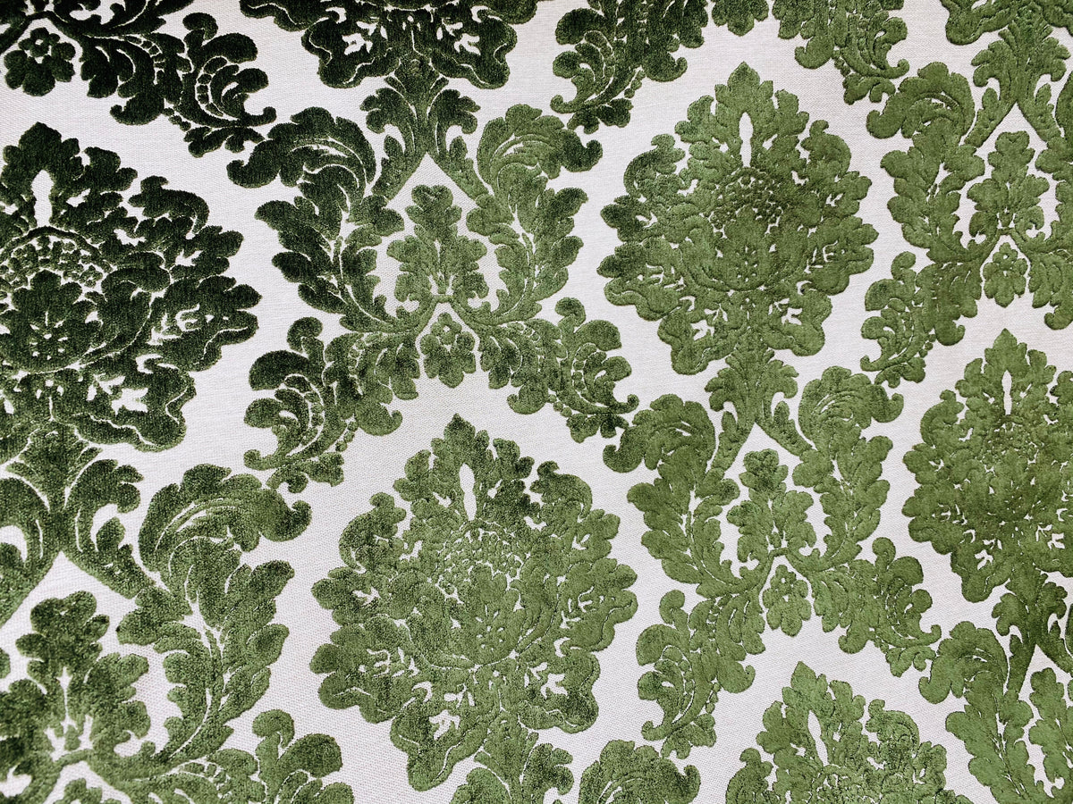 NEW! Duke Gabriel Designer Damask Burnout Chenille Velvet Fabric - Olive Green - Fancy Styles Fabric Pierre Frey Lee Jofa Brunschwig & Fils