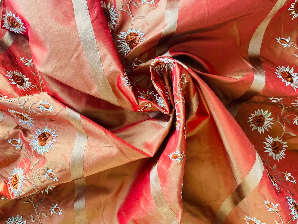 NEW Duchess Getty 100% Silk Taffeta Embroidered Scroll Stripe Floral Motif Cream Red with Gold Iridescence - Fancy Styles Fabric Pierre Frey Lee Jofa Brunschwig & Fils