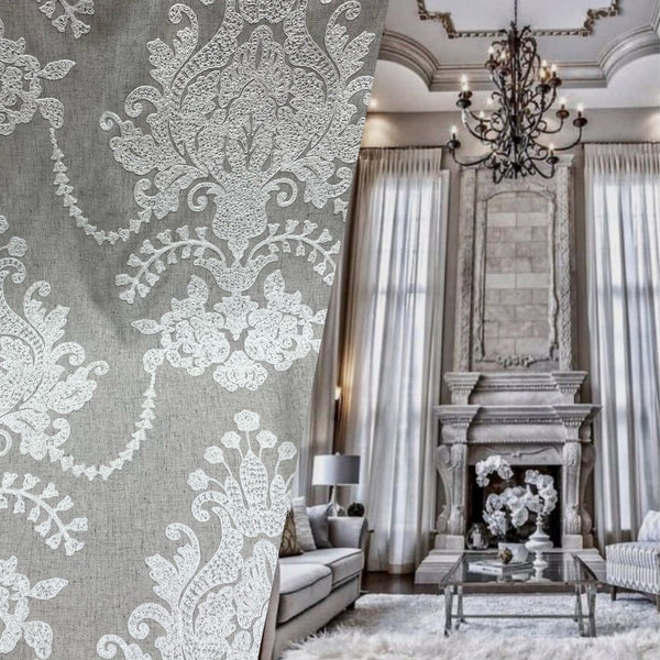 NEW! Lady Lila Novelty Crewel Embroidered Fabric Light Grey and White - Fancy Styles Fabric Pierre Frey Lee Jofa Brunschwig & Fils