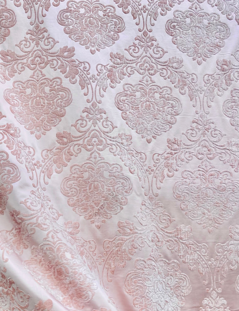 NEW King Julius Designer Brocade Satin Burnout Chenille Velvet Fabric - Light Pink