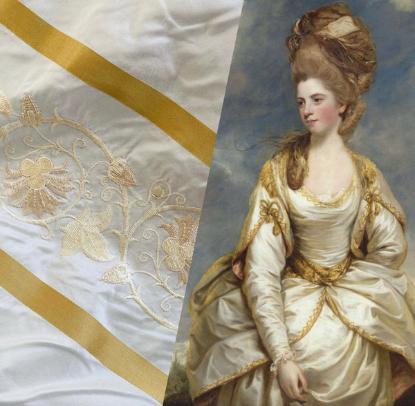 NEW Duchess Jezebel 100% Silk Taffeta Embroidered Scroll Stripe Floral Motif Cream White and Gold - Fancy Styles Fabric Pierre Frey Lee Jofa Brunschwig & Fils