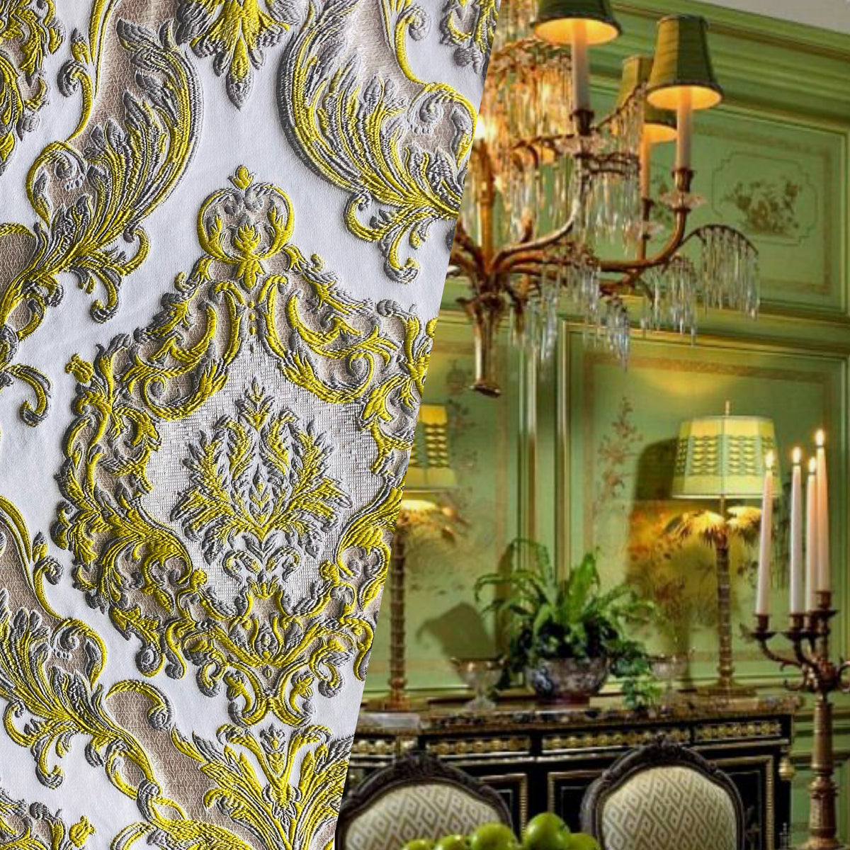 NEW Queen Marianna Novelty Ritz Neoclassical Brocade Satin Fabric - Chartreuse Green Yellow - Fancy Styles Fabric Pierre Frey Lee Jofa Brunschwig & Fils