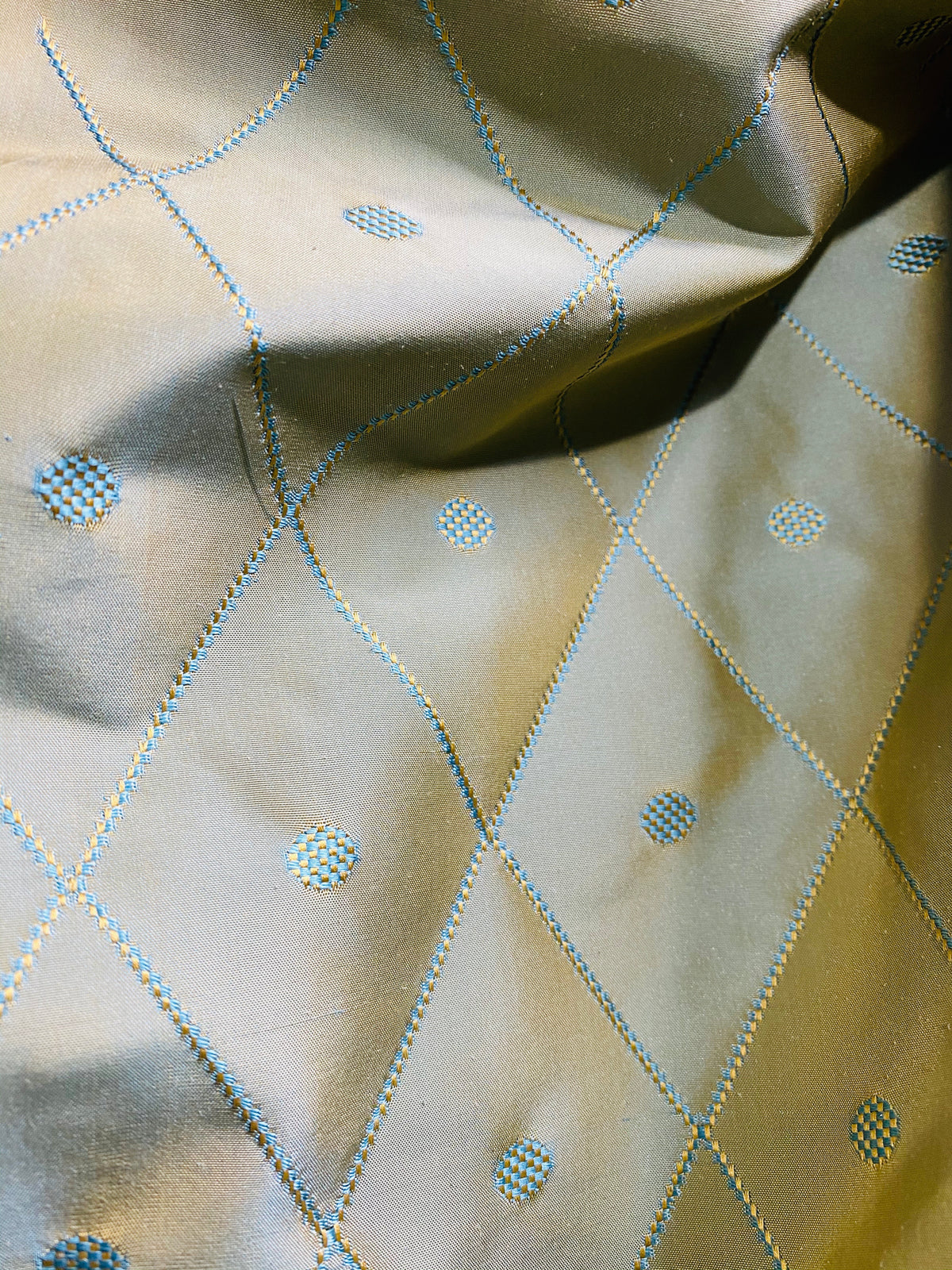 NEW Princess Mia 100% Silk Duck Egg Blue Embroidered Diamond Motif Taffeta Fabric with Peach Iridescent - Fancy Styles Fabric Pierre Frey Lee Jofa Brunschwig & Fils