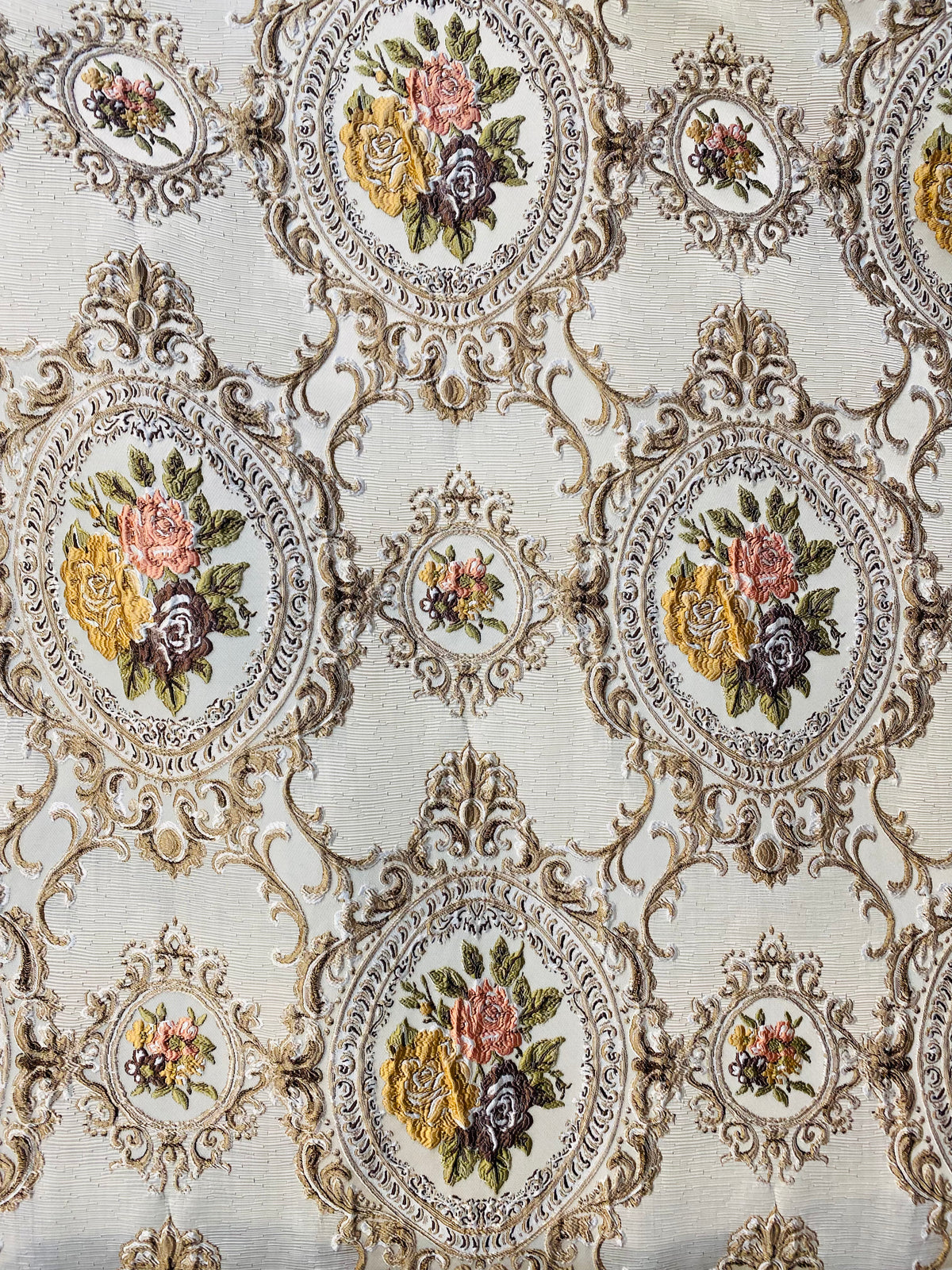 NEW Queen Rose Designer Brocade Satin Fabric- Antique Yellow Pink Roses - Upholstery - Fancy Styles Fabric Pierre Frey Lee Jofa Brunschwig & Fils