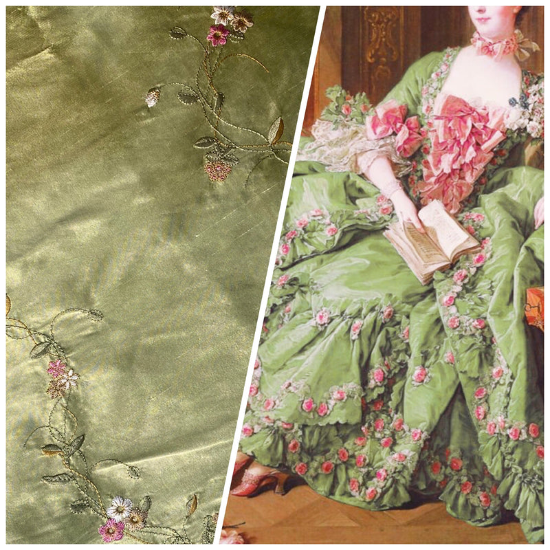 NEW Duchess Rowena Designer 100% Silk Dupioni - Pistachio Green with Floral Embroidery Vines - Fancy Styles Fabric Pierre Frey Lee Jofa Brunschwig & Fils