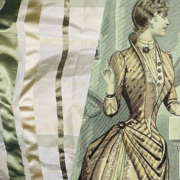 NEW Duchess Philippa 100% Silk Taffeta Plaid Tartan with Satin Ribbon Stripes in Cream and Pistachio SB_6_18 - Fancy Styles Fabric Pierre Frey Lee Jofa Brunschwig & Fils