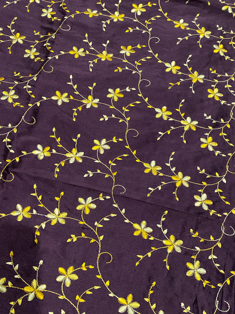 NEW! Lady Josephina 100% Silk Dupioni Embroidered Floral Fabric - Purple and Gold Flowers
